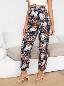SHEIN Maternity Tropical Print Shirred Waist Trousers - Multicolor - View 3