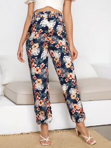 SHEIN Maternity Tropical Print Shirred Waist Trousers - Multicolor - View 5