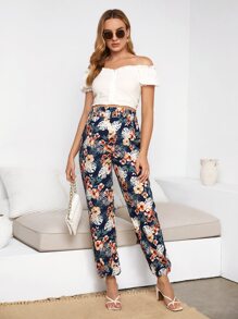 SHEIN Maternity Tropical Print Shirred Waist Trousers - Multicolor - View 1