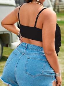 SHEIN Swim Curve Top bikini ribete en abanico - Negro - Ver 2