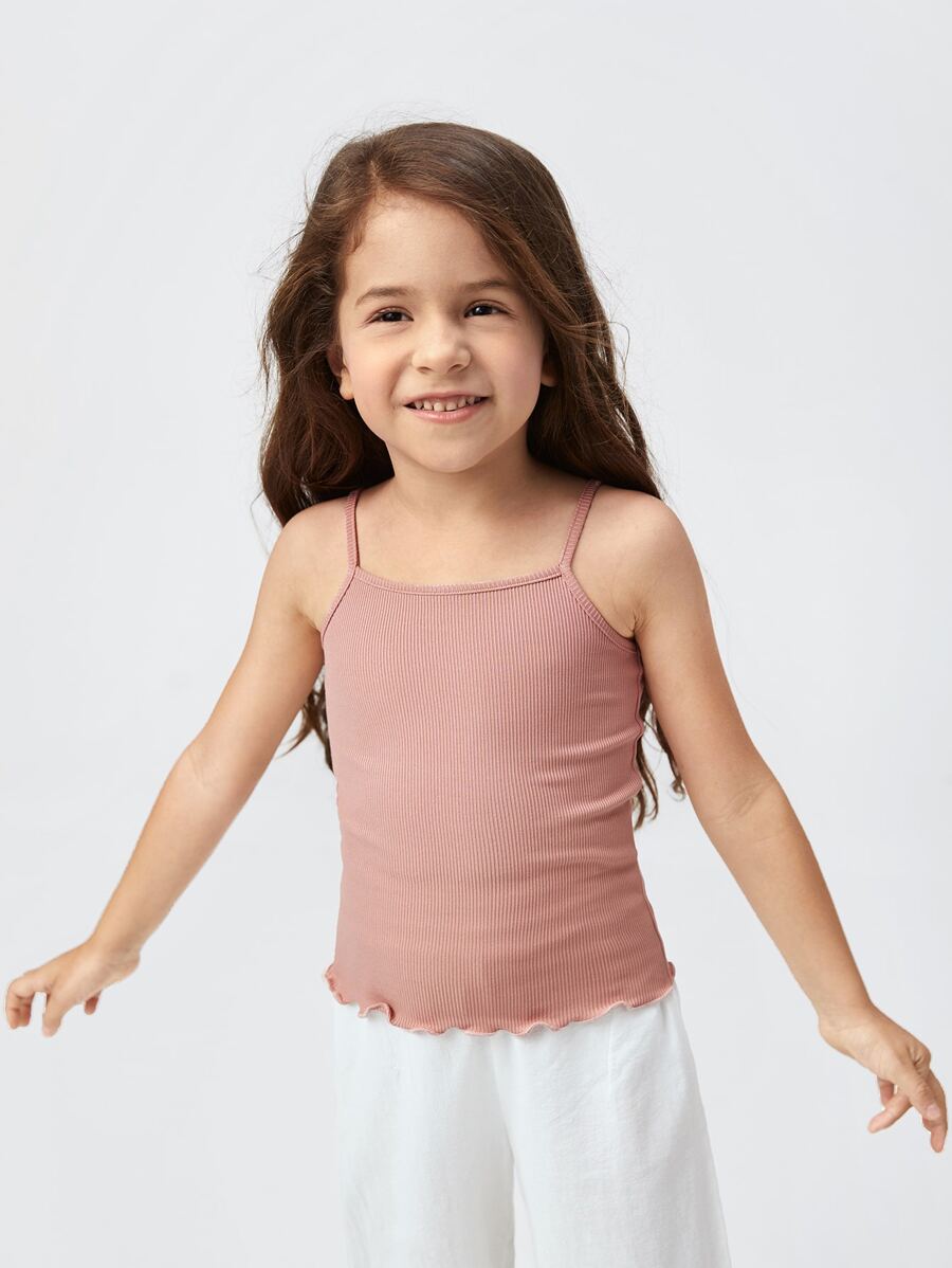 SHEIN Toddler Girls Lettuce Trim Rib-knit Cami Top - Dusty Pink - View 1