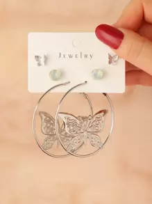 3雙蝴蝶裝飾耳環 - 銀色 - 查看 1