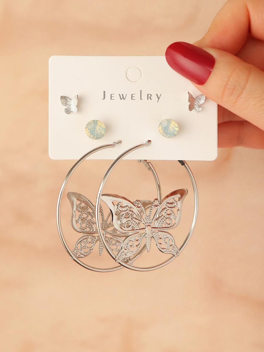 3雙蝴蝶裝飾耳環 - 銀色 - 查看 1