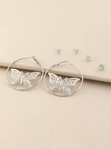 3雙蝴蝶裝飾耳環 - 銀色 - 查看 2