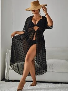 SHEIN Swim Curve Summer Beach Plus Swiss Dot Batwing Sleeve Drawstring Waist Kimono - Black - View 1