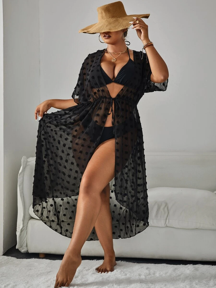 SHEIN Swim Curve Summer Beach Plus Swiss Dot Batwing Sleeve Drawstring Waist Kimono - Black - View 1