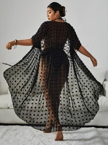 SHEIN Swim Curve Summer Beach Plus Swiss Dot Batwing Sleeve Drawstring Waist Kimono - Black - View 2
