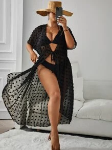 SHEIN Swim Curve Summer Beach Plus Swiss Dot Batwing Sleeve Drawstring Waist Kimono - Black - View 3