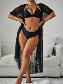 SHEIN Swim Curve Summer Beach Plus Swiss Dot Batwing Sleeve Drawstring Waist Kimono - Black - View 6