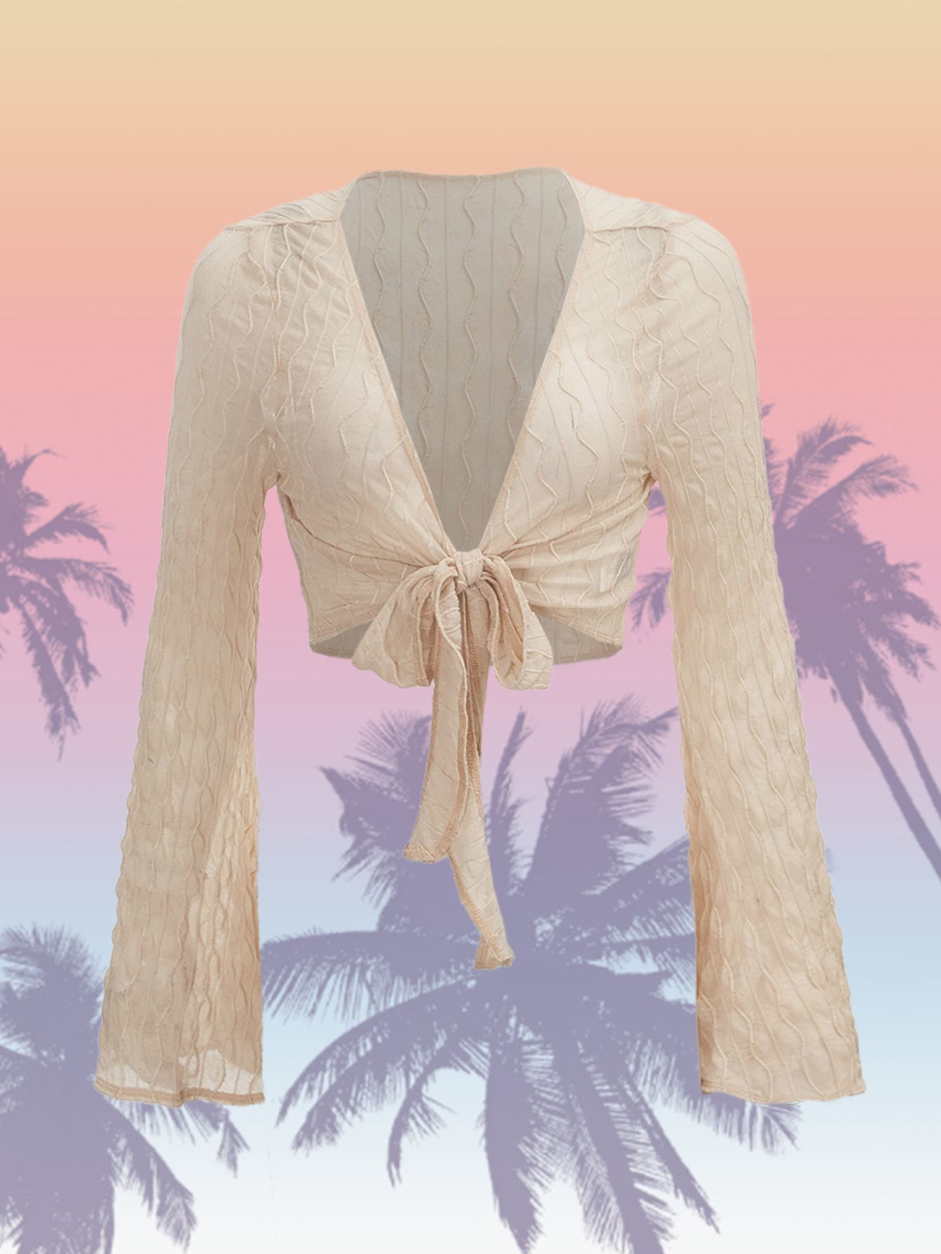 SHEIN ICON 紋理質感前繫帶喇叭袖網紗上衣 - 杏色 - 查看 1