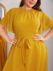 SHEIN Clasi Plus Butterfly Sleeve Keyhole Neck High Low Hem Belted Dress