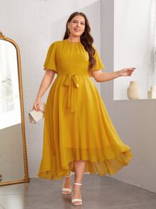 SHEIN Clasi Plus Butterfly Sleeve Keyhole Neck High Low Hem Belted Dress