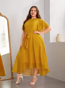 SHEIN Clasi Plus Butterfly Sleeve Keyhole Neck High Low Hem Belted Dress