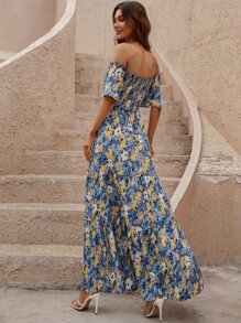 Breezaya Allover Floral Print Shirred Off Shoulder Ruffle Hem Dress - Multicolor - View 2