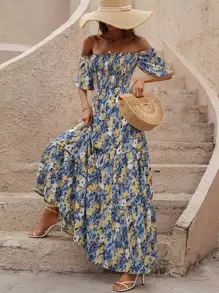 Breezaya Allover Floral Print Shirred Off Shoulder Ruffle Hem Dress - Multicolor - View 4