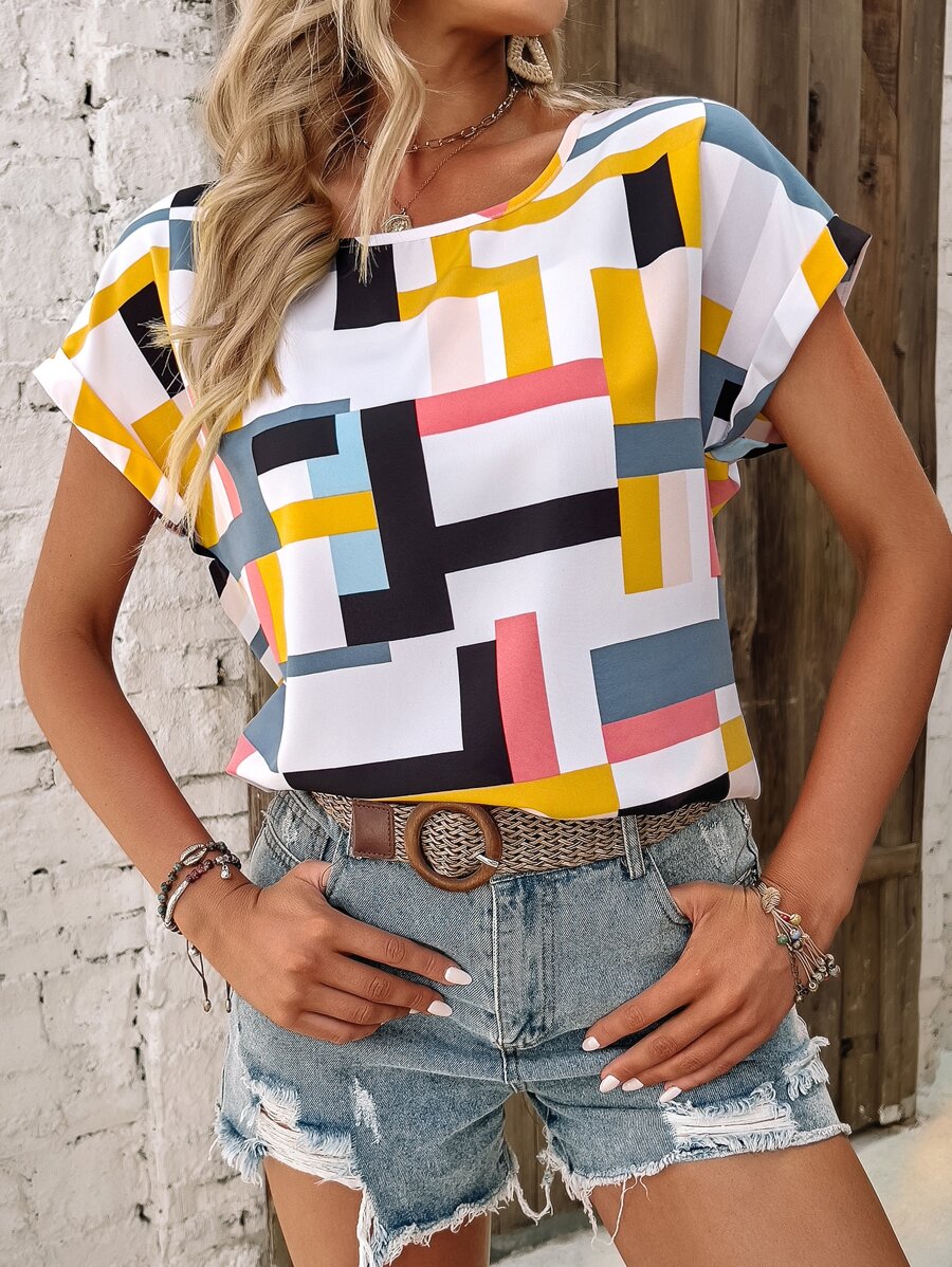 SHEIN LUNE 幾何印花蝙蝠袖襯衫 - 彩色 - 查看 1