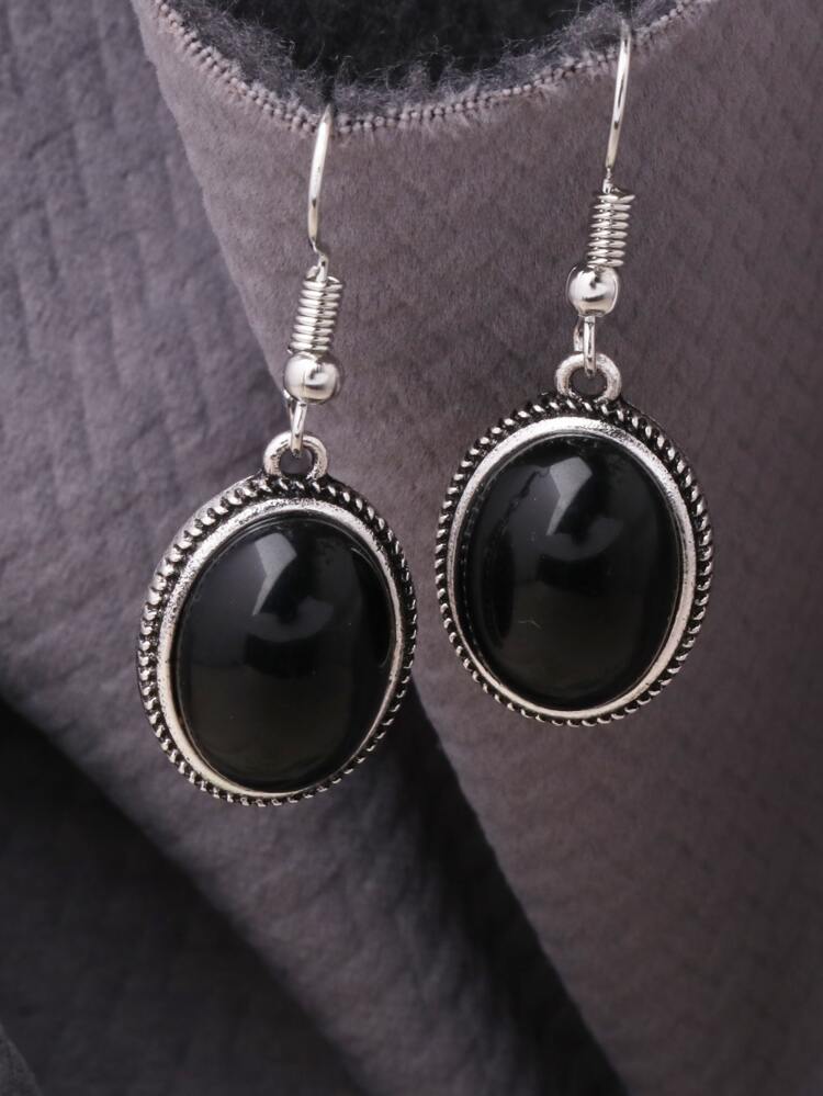 1 Pair Vintage Silver Plated Resin Oval Earrings, Available In Black, Green, White