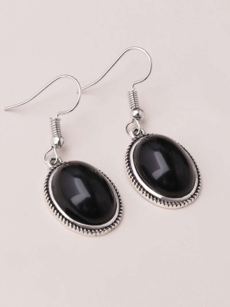 1 Pair Vintage Silver Plated Resin Oval Earrings, Available In Black, Green, White