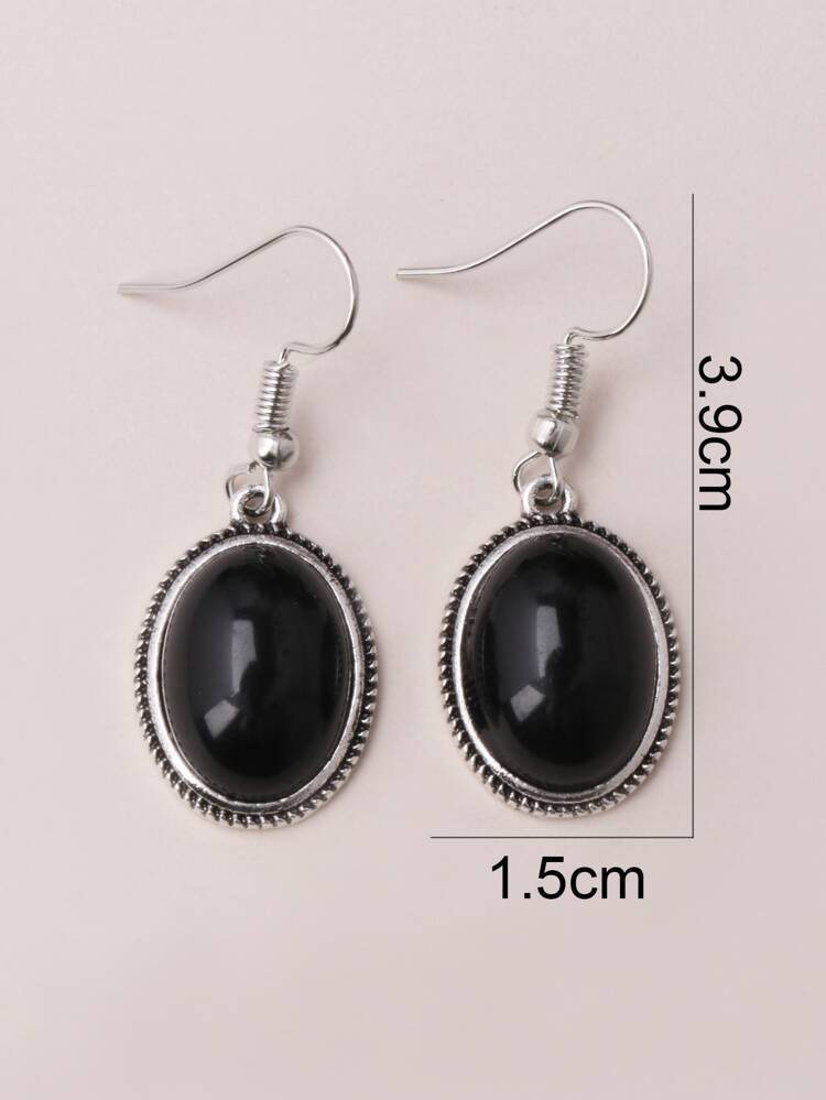 1 Pair Vintage Silver Plated Resin Oval Earrings, Available In Black, Green, White