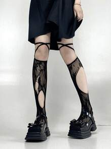 Calcetines altos con diseño bordado - Negro - Ver 6