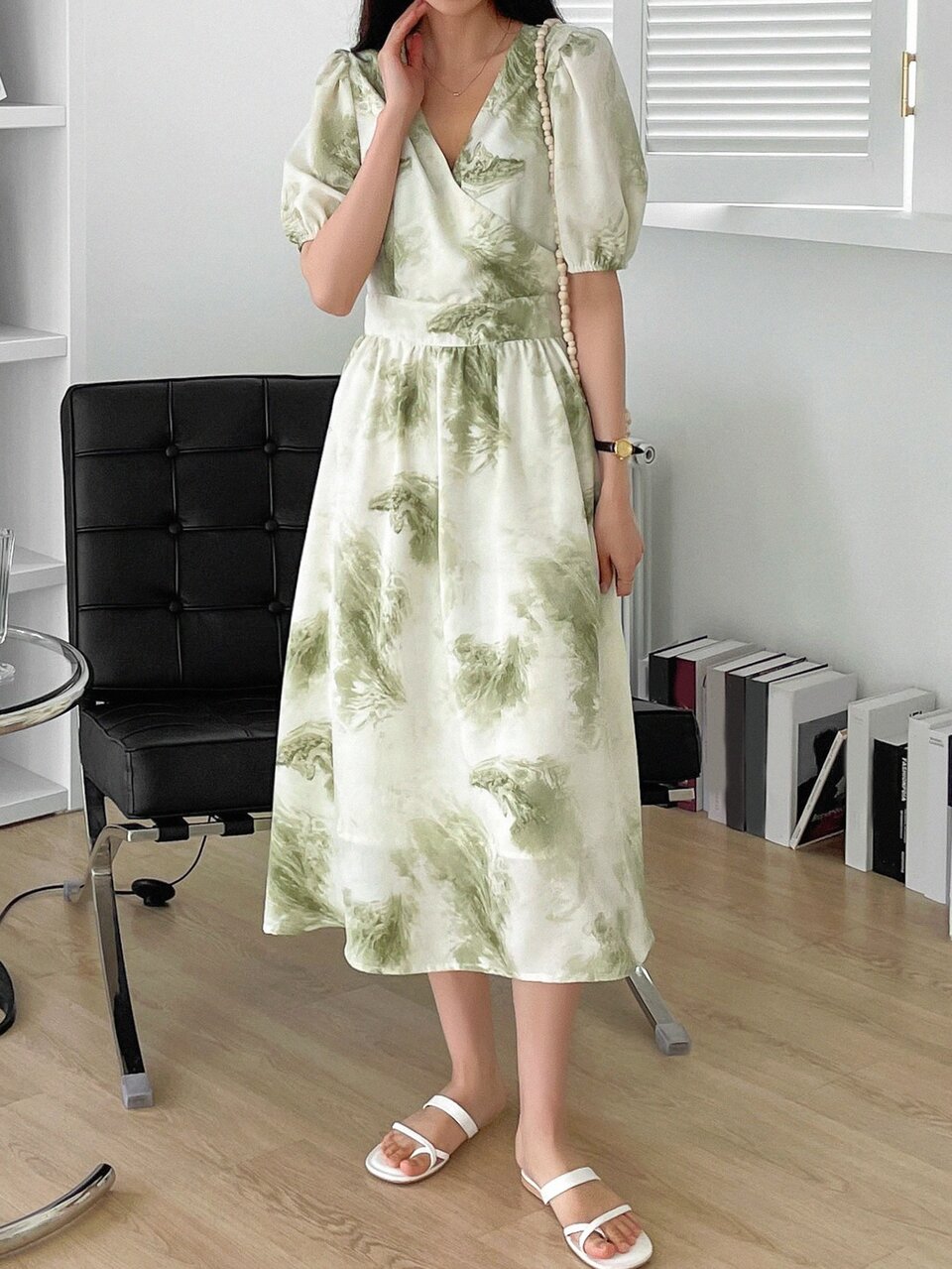 Allover Print Puff Sleeve Overlap Collar Tie Back Dress