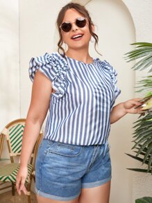 SHEIN VCAY 大码波西米亚风条纹蝴蝶袖衬衫，适合夏季 - 藍白色 - 查看 5