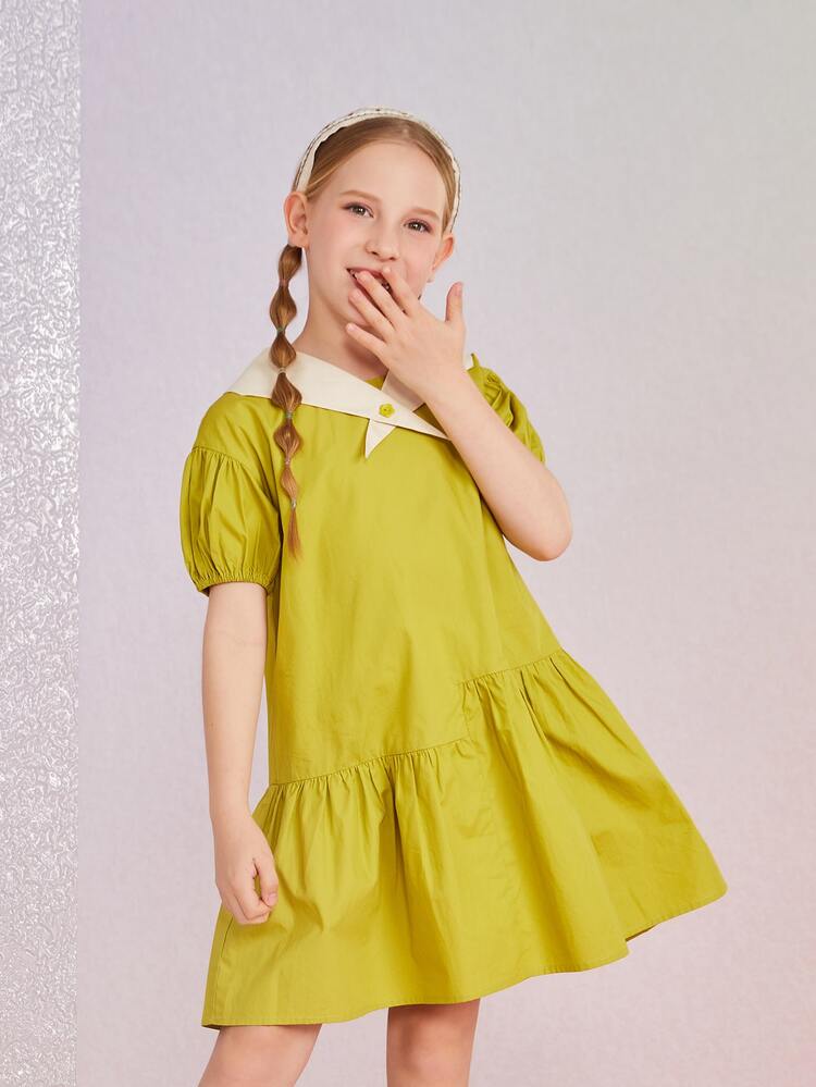 Girls Contrast Sailor Collar Puff Sleeve Ruffle Hem Smock Dress - Mustard Yellow - View 1