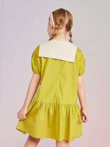 Girls Contrast Sailor Collar Puff Sleeve Ruffle Hem Smock Dress