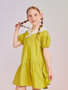 Girls Contrast Sailor Collar Puff Sleeve Ruffle Hem Smock Dress