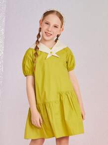 Girls Contrast Sailor Collar Puff Sleeve Ruffle Hem Smock Dress