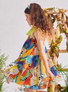 女孩滿版印花拼接娃娃領連衣裙 - 彩色 - 查看 4