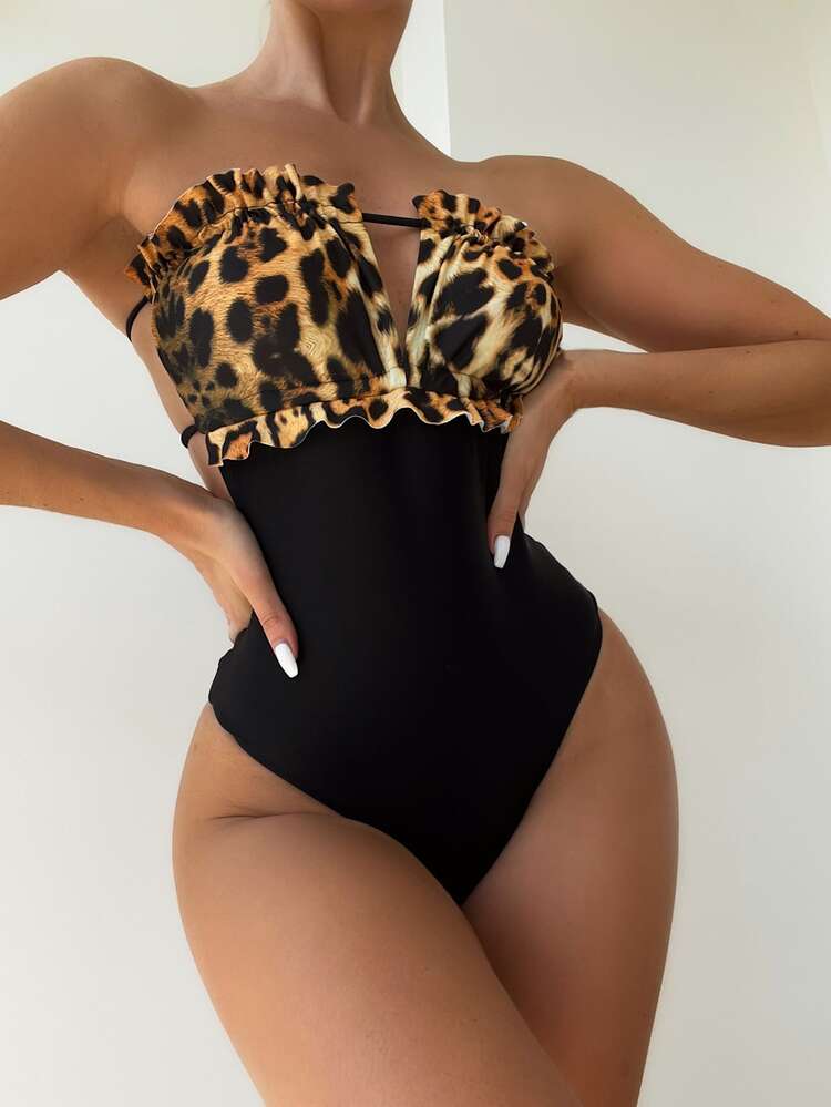 Contrast Leopard Print Frilled Tie Back Tube One-Piece Swimsuit, For Summer Beach Vacation - Multicolor - View 1