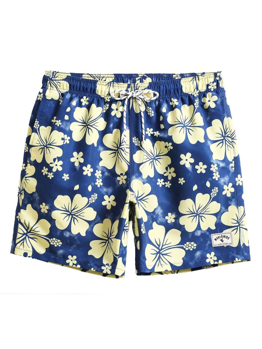 Manfinity Men Floral Print Letter Patched Swim Trunks - Navy Blue - View 1