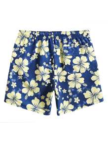 Manfinity Men Floral Print Letter Patched Swim Trunks - Navy Blue - View 2