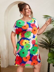 SHEIN VCAY 大碼滿版印花蝙蝠袖直筒連衣裙 - 彩色 - 查看 4