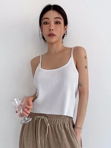 DAZY Solid Ribbed Cami Knit Top - White - View 3