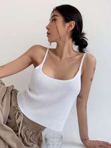 DAZY Solid Ribbed Cami Knit Top - White - View 8