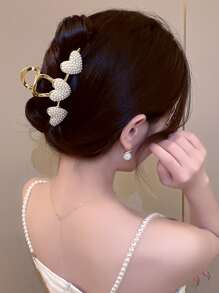 Ngọc trai Giả Trang trí trái tim Móng vuốt tóc Thanh lịch - Vàng - Xem 4