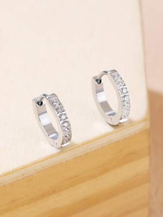 對時尚銀色方晶鋯石不鏽鋼圈形耳環