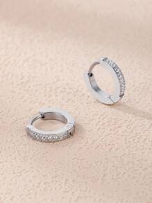 對時尚銀色方晶鋯石不鏽鋼圈形耳環 - 銀色 - 查看 2