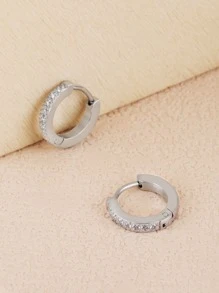 對時尚銀色方晶鋯石不鏽鋼圈形耳環 - 銀色 - 查看 3