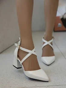 Point Toe Chunky Heeled Ankle Strap Pumps - Beige - View 3