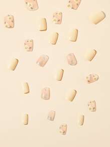 24入組中等大小方形黃色花卉圖案亮片假指甲及1入組指甲檔及1片膠帶壓著假指甲，指甲用品提升您的造型 - 彩色 - 查看 3