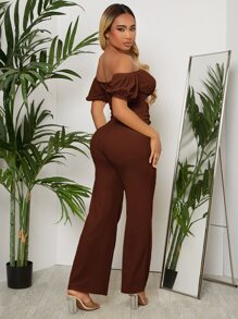SHEIN SXY Off Shoulder Ruched Bust Belted Women Jumpsuit - Chocolate Brown - View 2