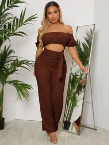 SHEIN SXY Off Shoulder Ruched Bust Belted Women Jumpsuit - Chocolate Brown - View 4