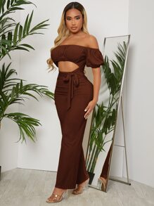 SHEIN SXY Off Shoulder Ruched Bust Belted Women Jumpsuit - Chocolate Brown - View 5