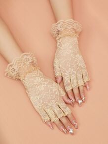 Lace Trim Fingerless Gloves - Beige - View 1