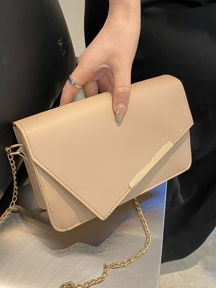 极简主义人造皮革不对称翻盖链条方形包，适合教师礼物，适合女性，新手和白领人士，适合女士，适合女性，适合商务/通勤/工作/办公室，适合节日/度假/假日 - 卡其色 - 查看 1
