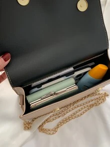 极简主义人造皮革不对称翻盖链条方形包，适合教师礼物，适合女性，新手和白领人士，适合女士，适合女性，适合商务/通勤/工作/办公室，适合节日/度假/假日 - 卡其色 - 查看 3