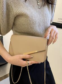 极简主义人造皮革不对称翻盖链条方形包，适合教师礼物，适合女性，新手和白领人士，适合女士，适合女性，适合商务/通勤/工作/办公室，适合节日/度假/假日 - 卡其色 - 查看 4